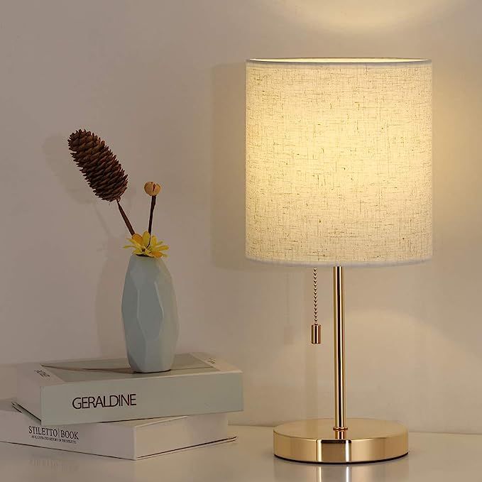 Table Lamp, Gold Nightstand Lamp, Metal Table Lamp with Linen Shade, Bedside Lamp for Bedroom, Dr... | Amazon (US)