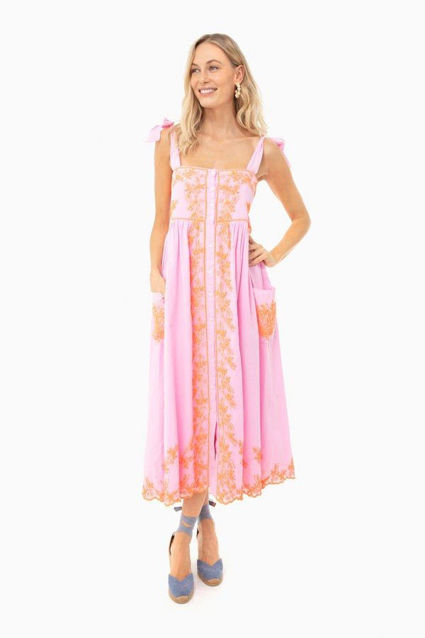 Sugar Pink Cotton Tie Shoulder Dress With Lotus Embroidery | Tuckernuck (US)
