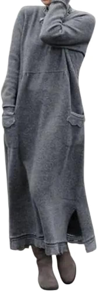 Women's Long Sleeve Fleece Lined Knit Tunic Maxi Dress with Pockets, Loose Fit Casual Winter Fall... | Amazon (US)