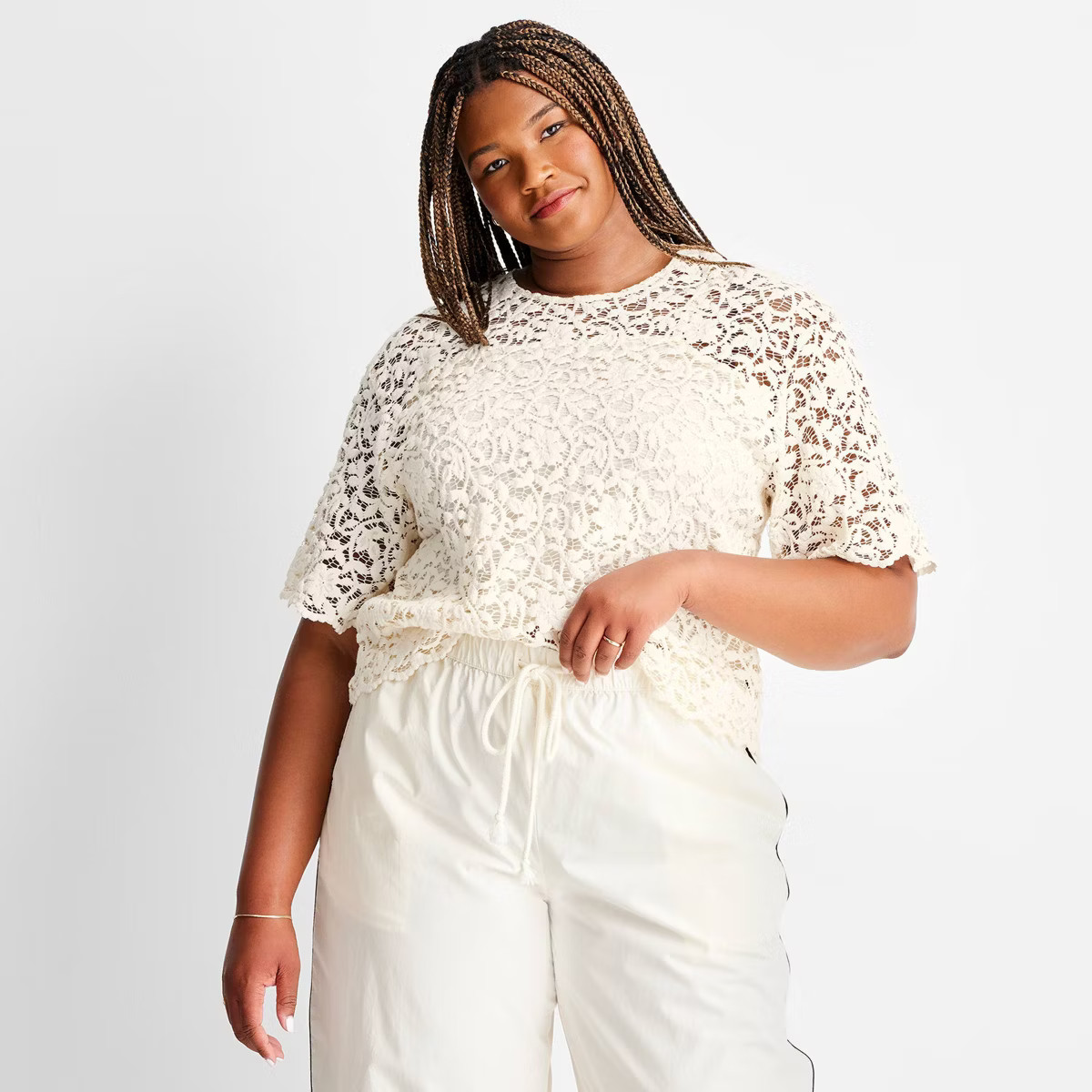 Women's Short Sleeve Lace T-Shirt - Future Collective Cream | Target