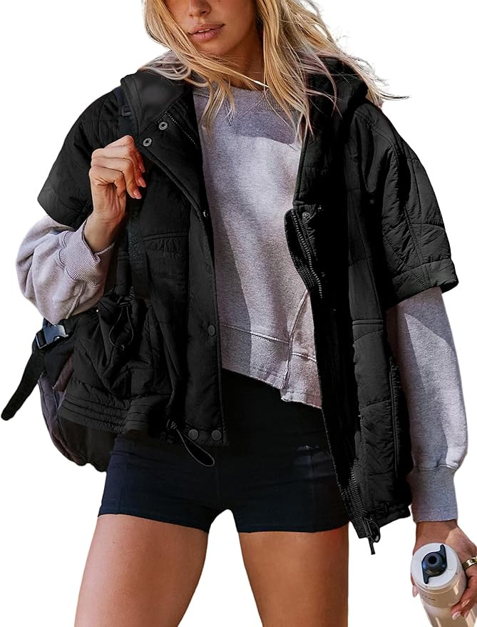 Zhiyouni Women's Quilted Puffer Vest Casual Hooded Short Sleeves Padded Jacket Poncho Outerwear | Amazon (US)
