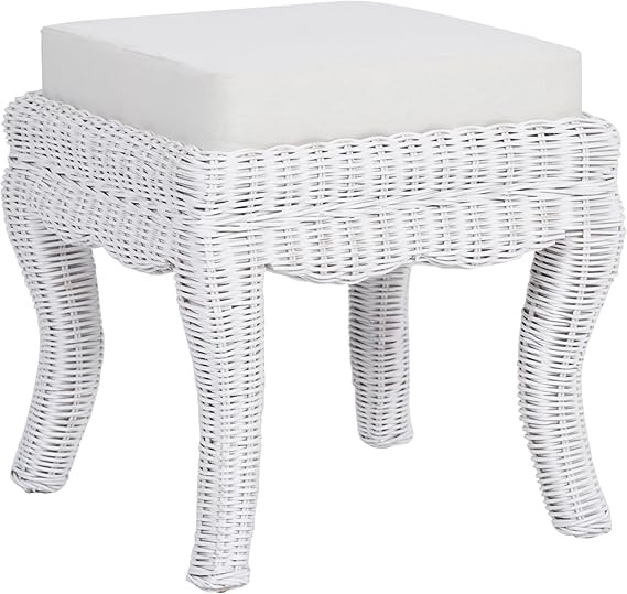 JONATHAN Y Rowan Woven Rattan Vanity Stool with White Cushion, 18.5" Coastal Backless Makeup Chai... | Amazon (US)