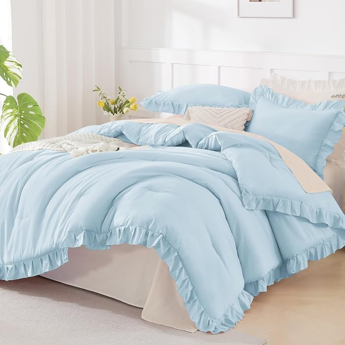 Andency Light Blue California King Comforter Set, 3 Pieces Shabby Chic Ruffle Solid Cal King Bedd... | Amazon (US)