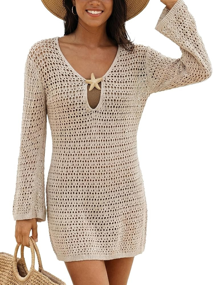 CUPSHE Women Crochet Swimsuit Cover Ups Long Sleeve Summer Beach Coverup Dress for Swimwear | Amazon (US)