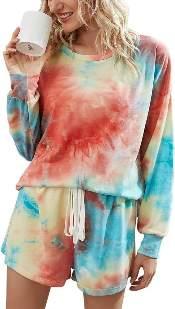 PRETTYGARDEN Women’s Tie Dye Printed Pajamas Set Long Sleeve Tops With Shorts Lounge Set Casual... | Amazon (US)