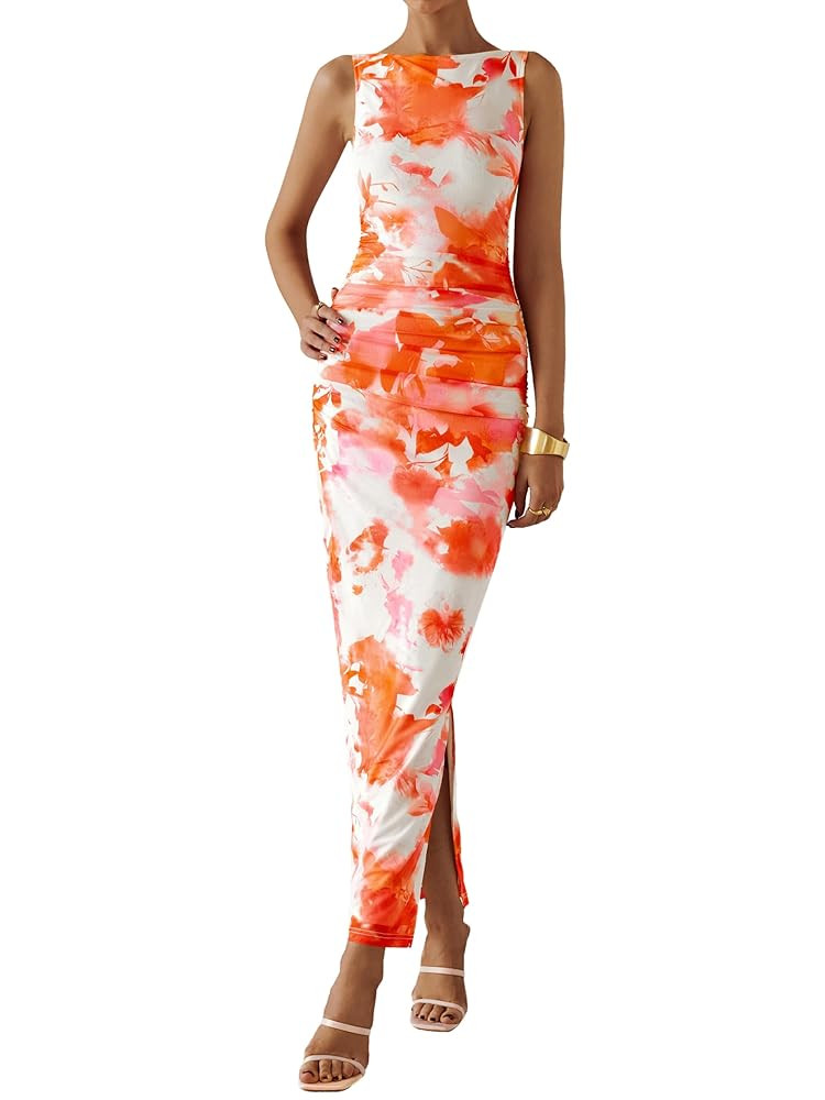 MASCOMODA Womens Bodycon Summer Dresses 2025 Sleeveless Floral Mesh Maxi Dress Side Slit Ruched L... | Amazon (US)