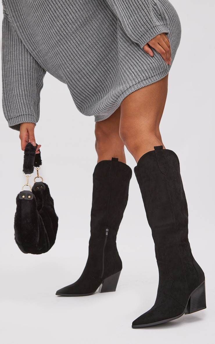 Black Faux Suede Western Knee Boots | PrettyLittleThing US