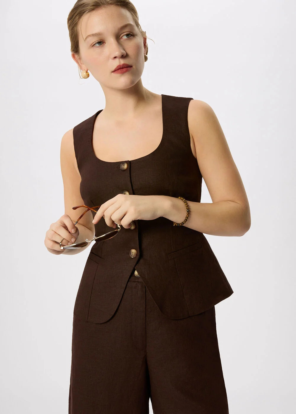 Brown Linen Waistcoat | WHISTLES | Whistles UK | | Whistles