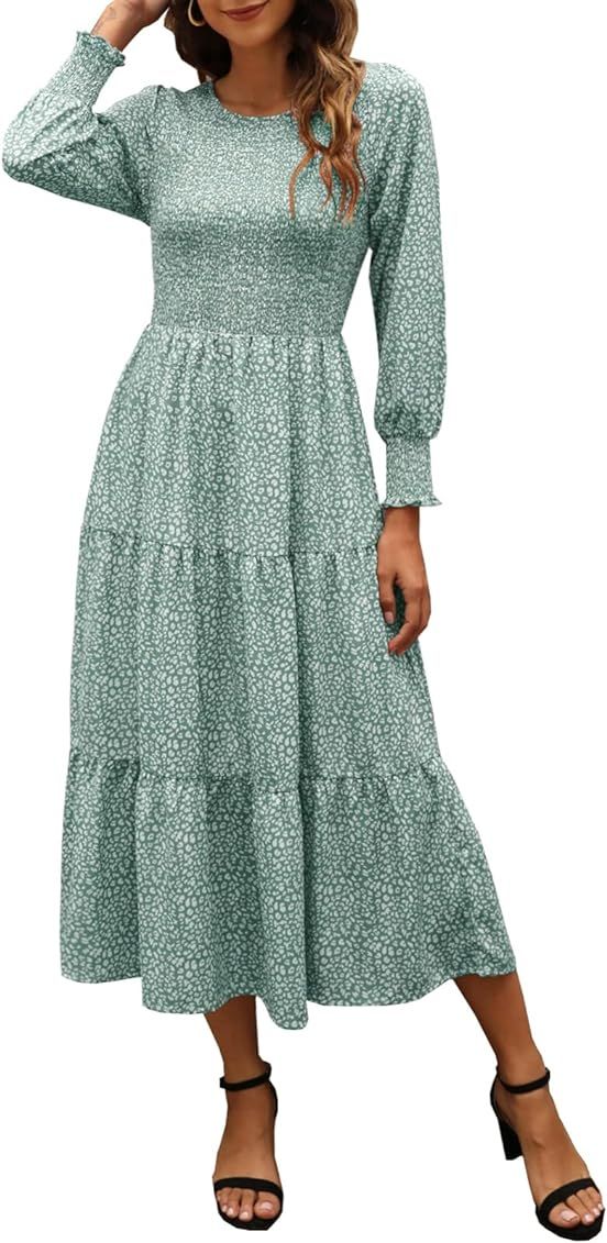 Maggeer Women Long Sleeve Smocked Bodice and Cuffs Boho Floral Tiered Midi Dress | Amazon (US)