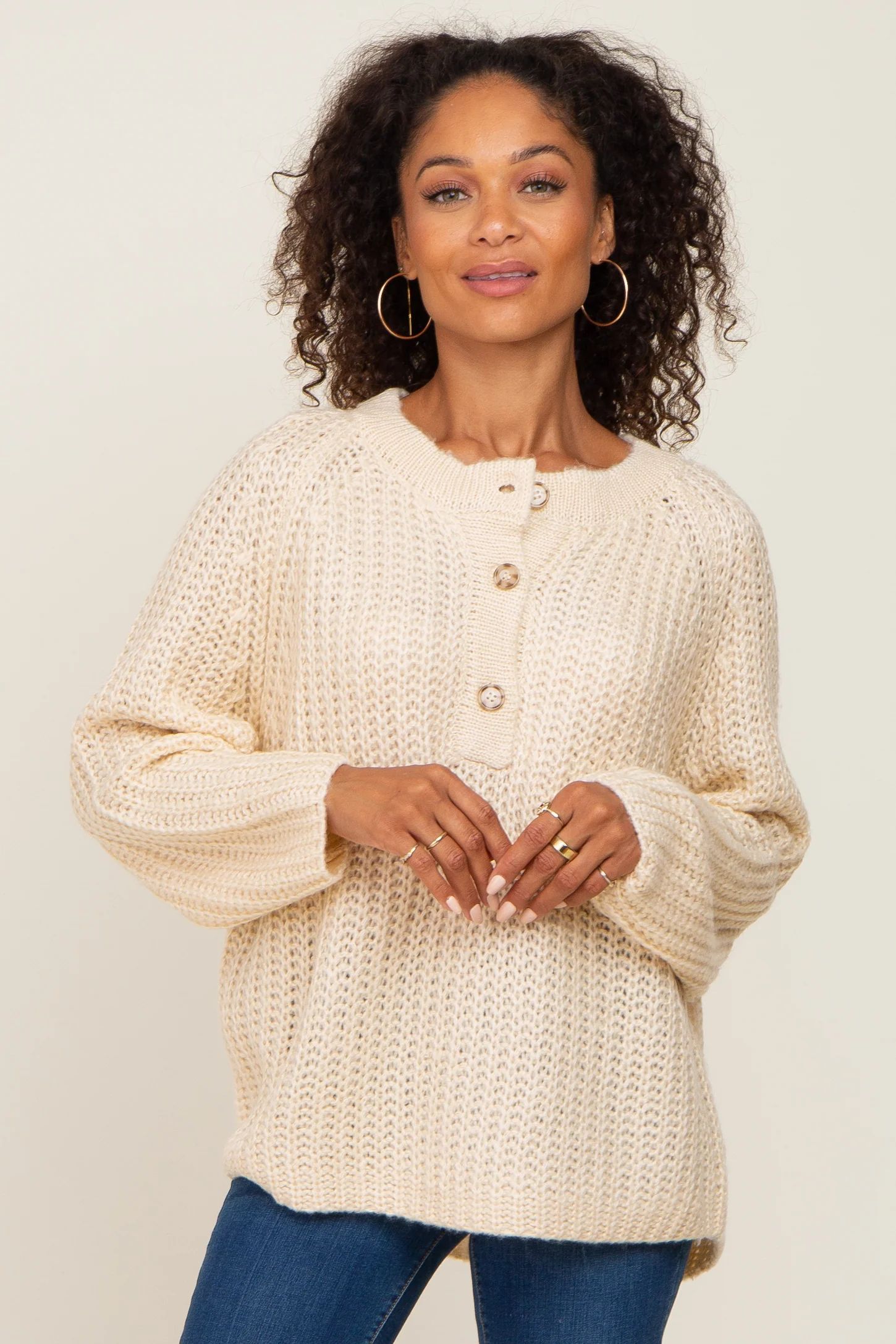 Beige Open Knit Button Front Sweater | PinkBlush Maternity