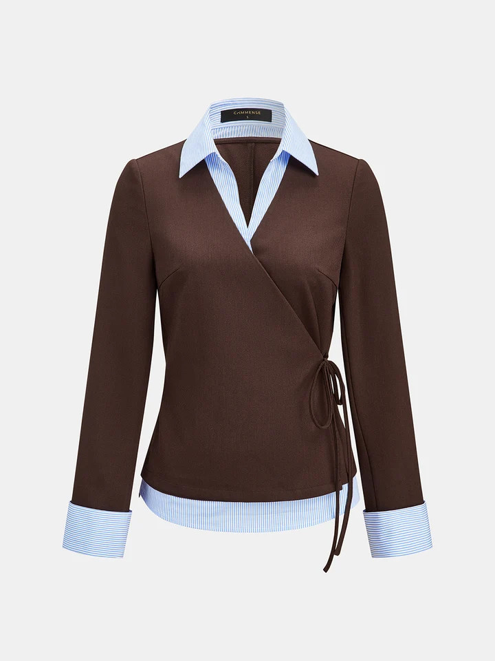 Striped Collar Fake Two-Piece Wrap Blouse | Commense