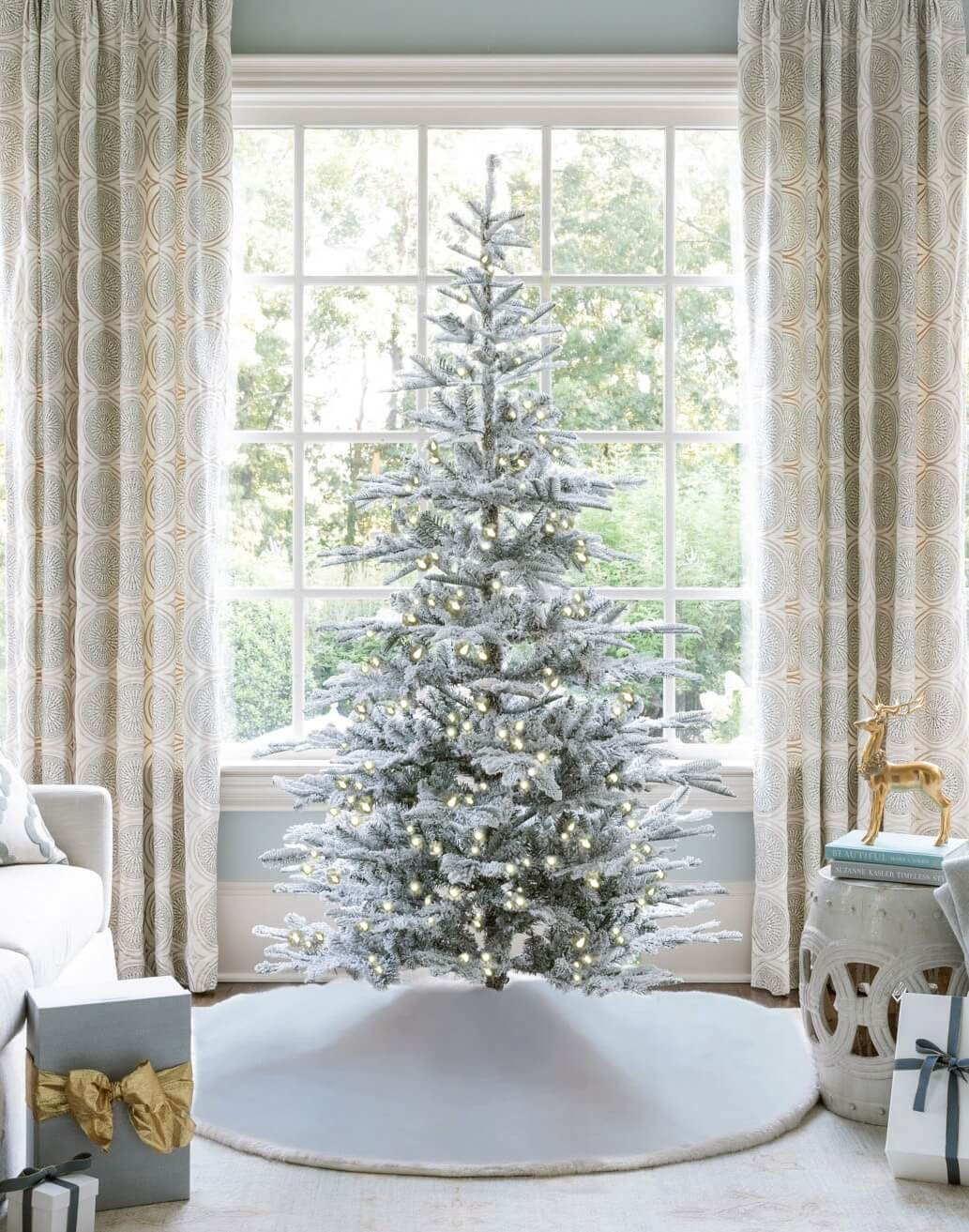 8' King Noble Flock Artificial Christmas Tree with 600 Warm White LED Lights | King of Christmas