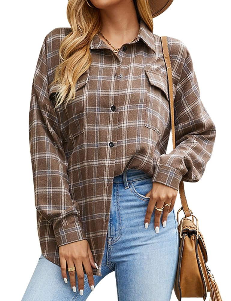 Blooming Jelly Women's Button Down Flannel Shirts Plaid Shacket Long Sleeve Collared Business Cas... | Amazon (US)