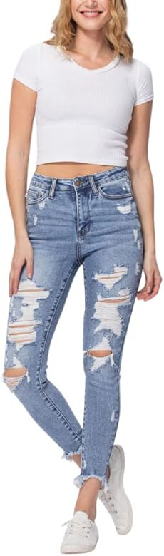 Judy Blue High Rise Light Wash Destroyed Shark Hem Skinny | Amazon (US)