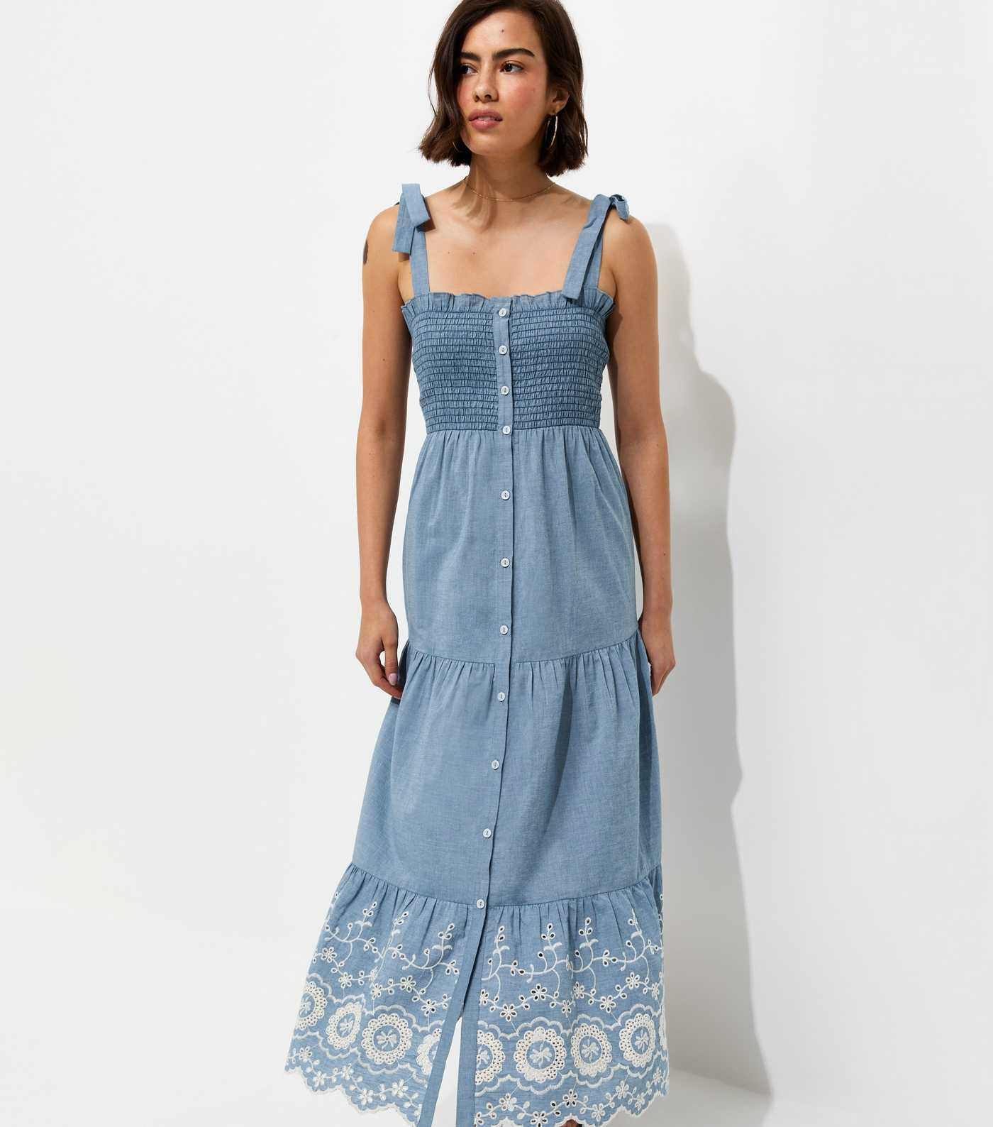 Blue Chambray Button Front Shirred Strappy Midi Dress | New Look | New Look (UK)