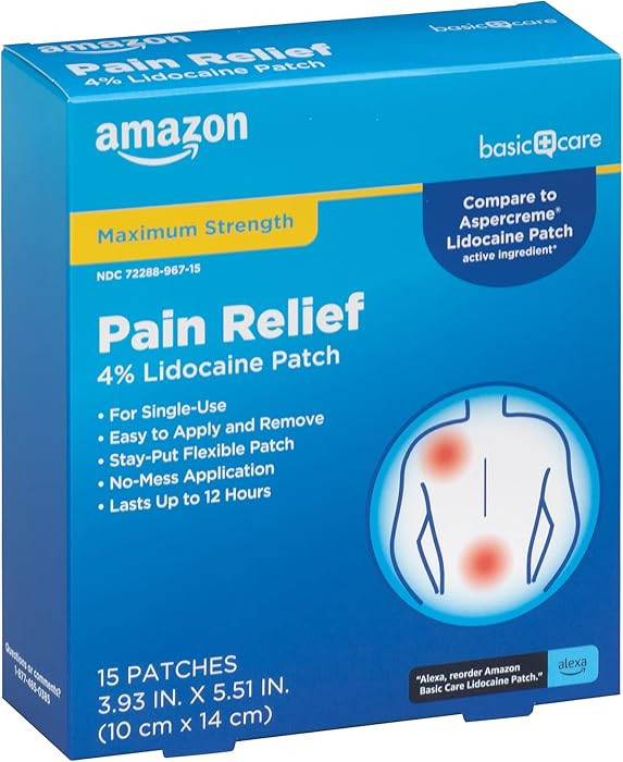 Amazon Basic Care Maximum Strength OTC Pain Relief , 4% Lidocaine Patch, 3.9” x 5.5”, 15-Coun... | Amazon (US)