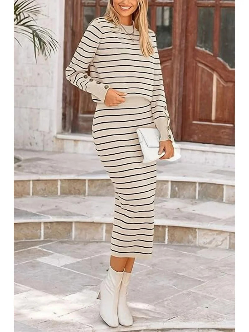 PRETTYGARDEN Women's 2 Piece Sets Lounge Striped Sweater Fall Casual Long Sleeve Knit Midi Skirts... | Walmart (US)