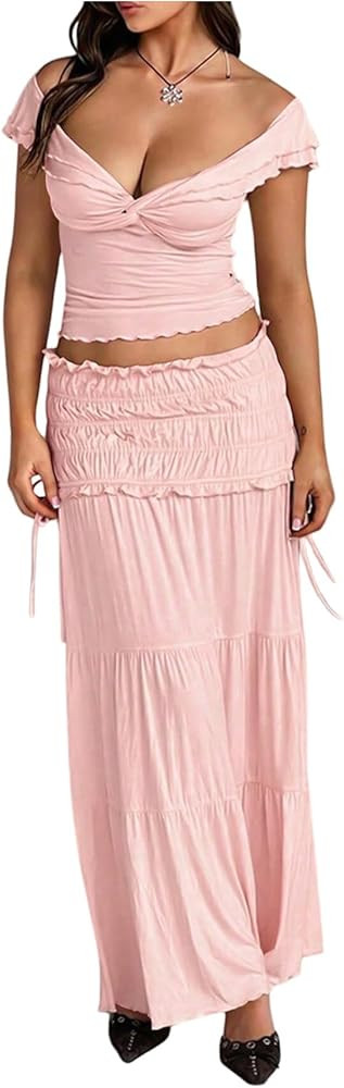 SOLY HUX Women's 2 Piece Skirt Sets Twist Off the Shoulder Crop Tops and Ruffle Maxi Skirt Vacati... | Amazon (US)