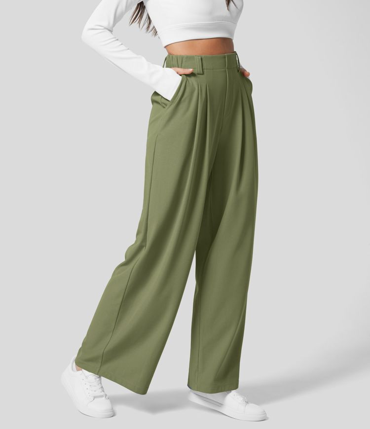 Women’s High Waisted Plicated Side Pocket Wide Leg Waffle Work Pants - Halara | HALARA