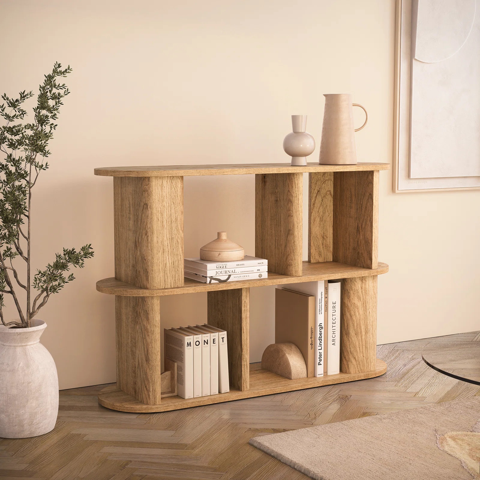 Loon Peak Janarius Low Oak Wood Effect Bookcase with Compact 2-Shelf Design for Living Room | Wayfair North America
