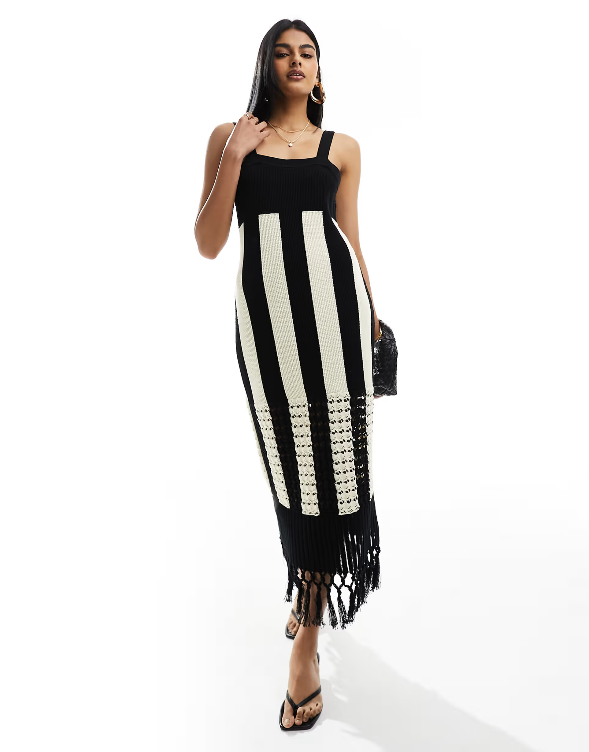 & Other Stories knitted midi dress with crochet tassel hem detail in black and white stripes | ASOS (Global)