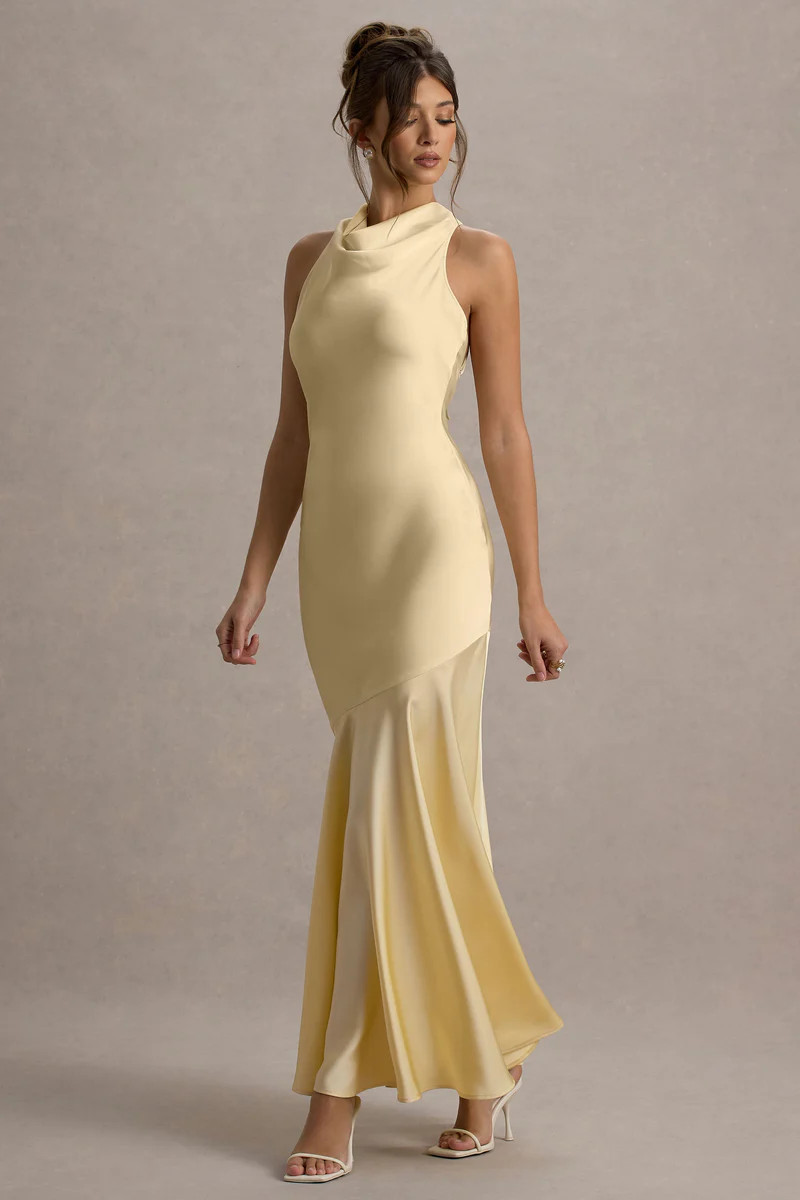 Amelita  Lemon Satin Cowl-Neck Maxi Dress | Club L London