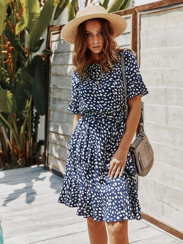 Belted Dalmatian Print Ruffle Trim Dress | SHEIN