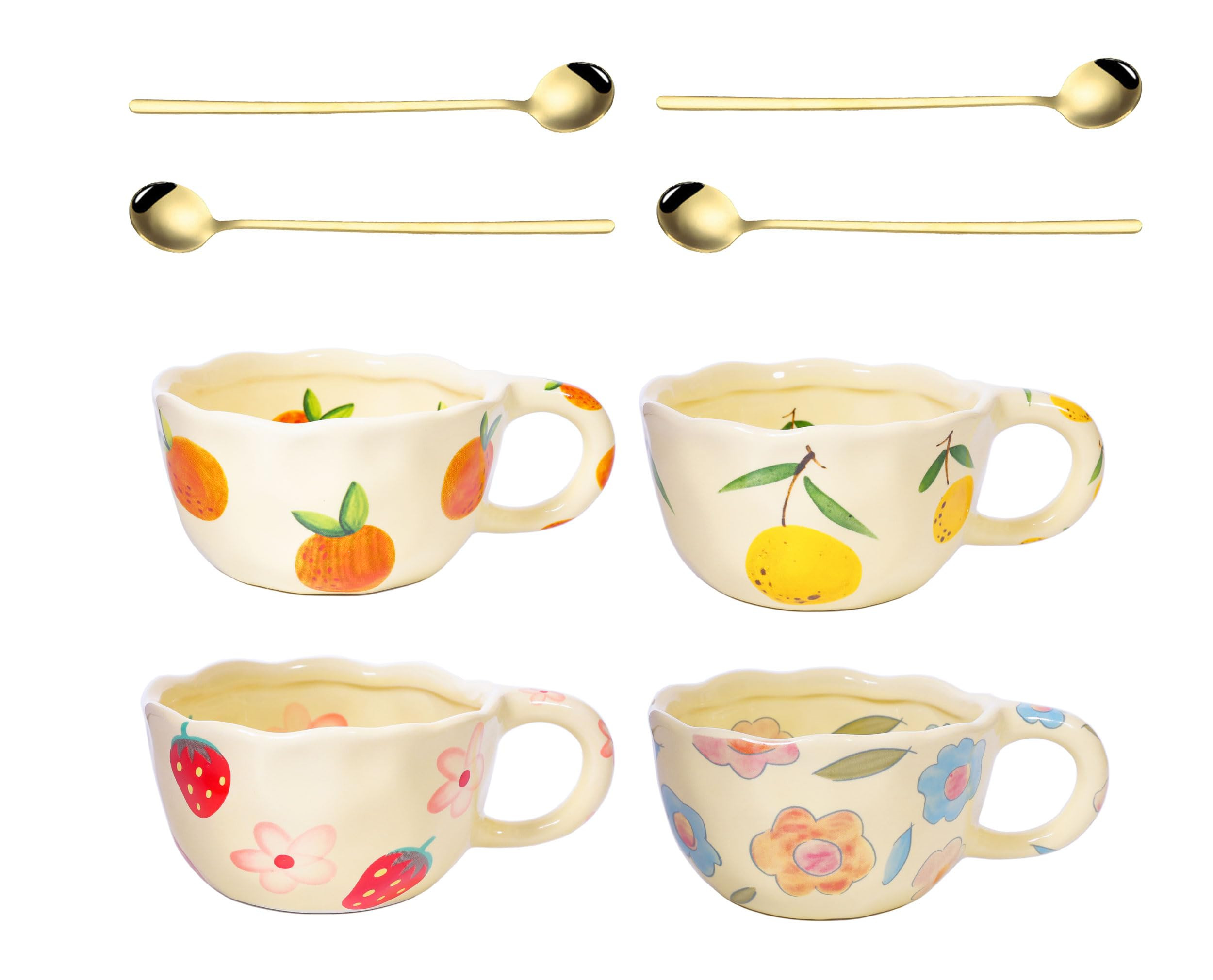 4 pcs Ceramic Coffee Mug 8.5oz Cute Floral Coffee Mug Retro Floral Cup with Handle Spoon Irregular Latte Art Cup Valentine's Day Gift Office Home Dishwasher and Microwave Safe (4-piece set A) | Amazon (US)