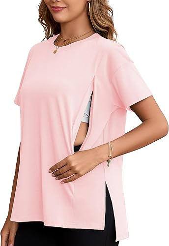 Ecavus Women's Oversized Nursing Shirts for Breastfeeding with Hidden Zipper Short Sleeves Side S... | Amazon (US)
