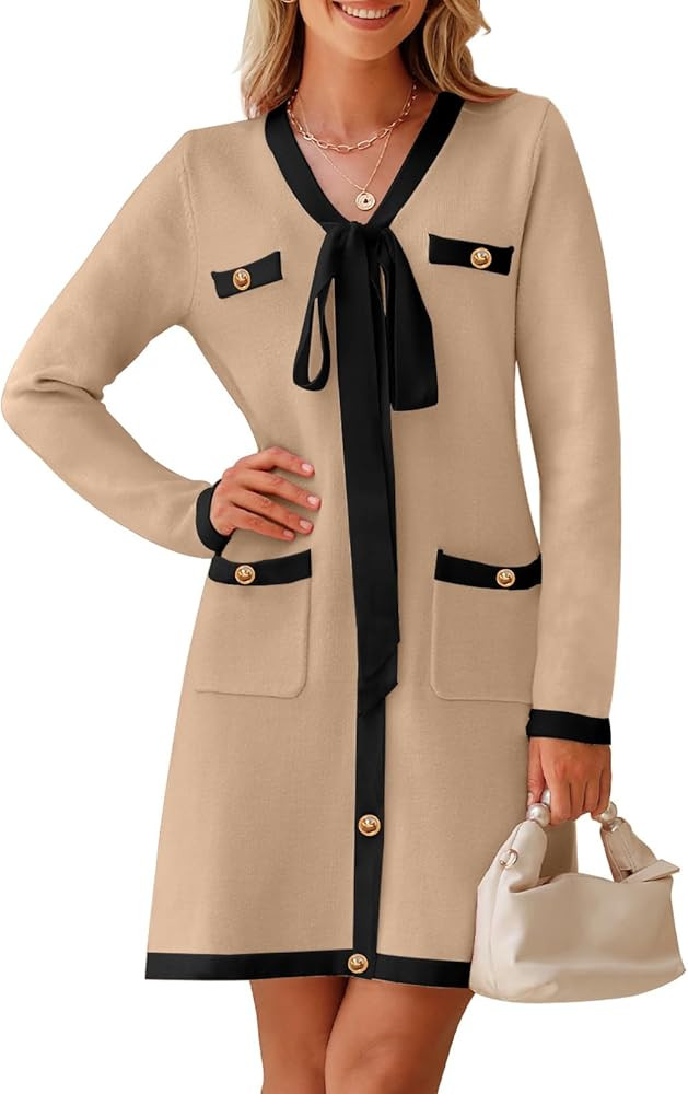 MEROKEETY Women Long Sleeve Color Block Sweater Dress Button Bow Tie Elegant Formal Work Mini Dre... | Amazon (US)