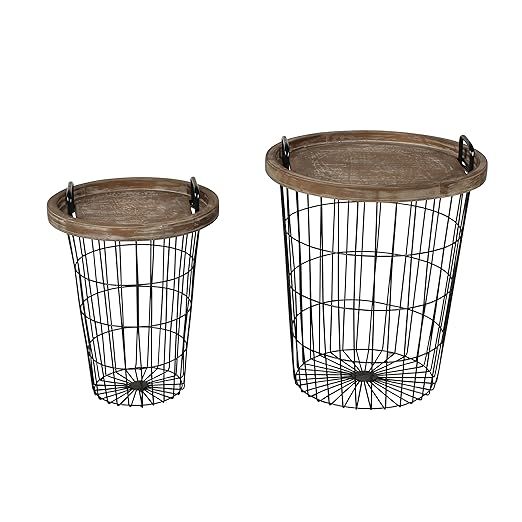 Kate and Laurel Tenby Nesting Metal and Wood Tray Basket End Tables, Black with Rustic Brown Tops | Amazon (US)