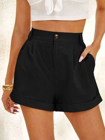 SHEIN Frenchy Fold Pleated Roll Up Hem Solid Shorts | SHEIN