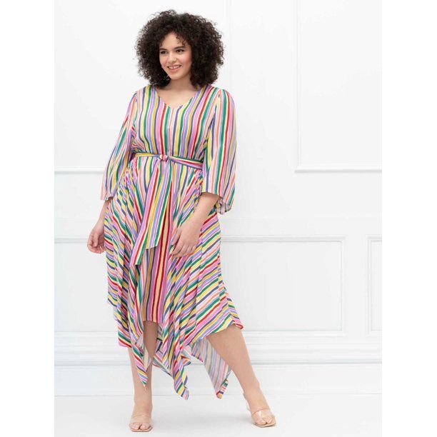 ELOQUII Elements Women's Plus Size Striped Kimono Sleeve Maxi Dress | Walmart (US)