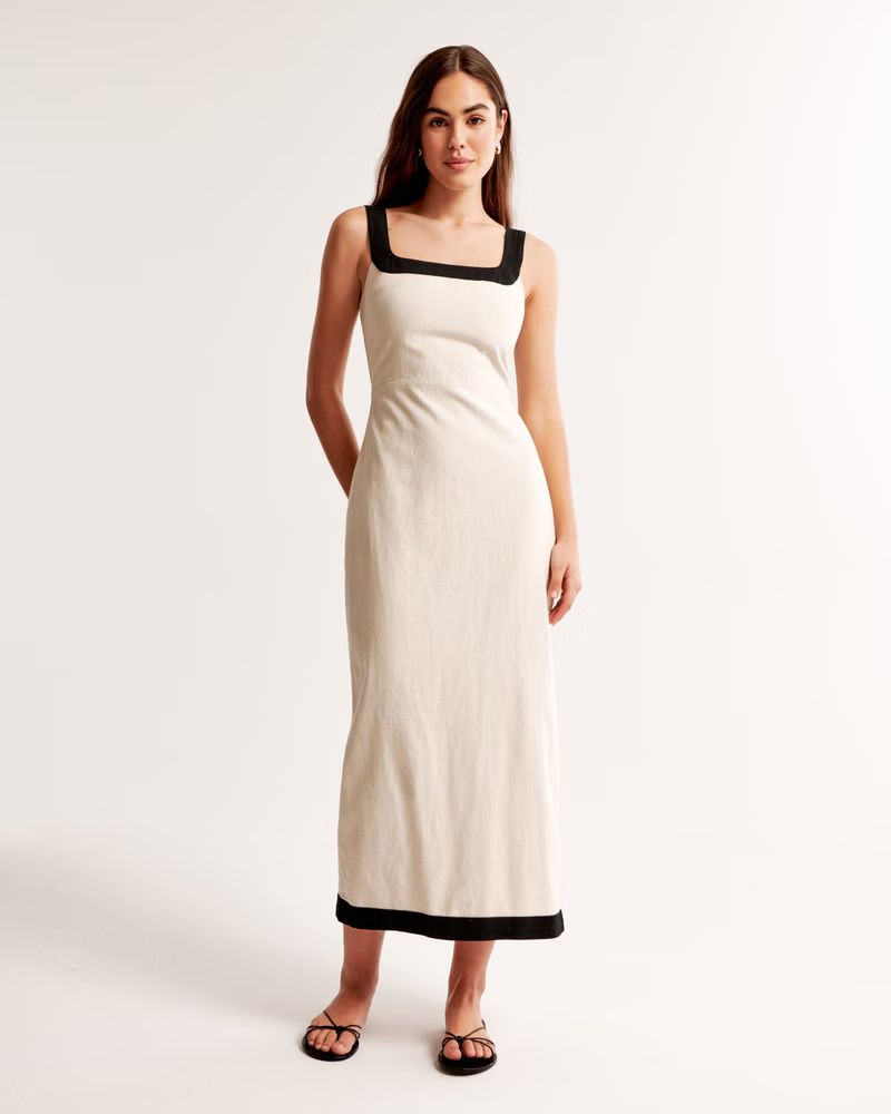Linen-Blend Squareneck Column Midi Dress | Abercrombie & Fitch (US)