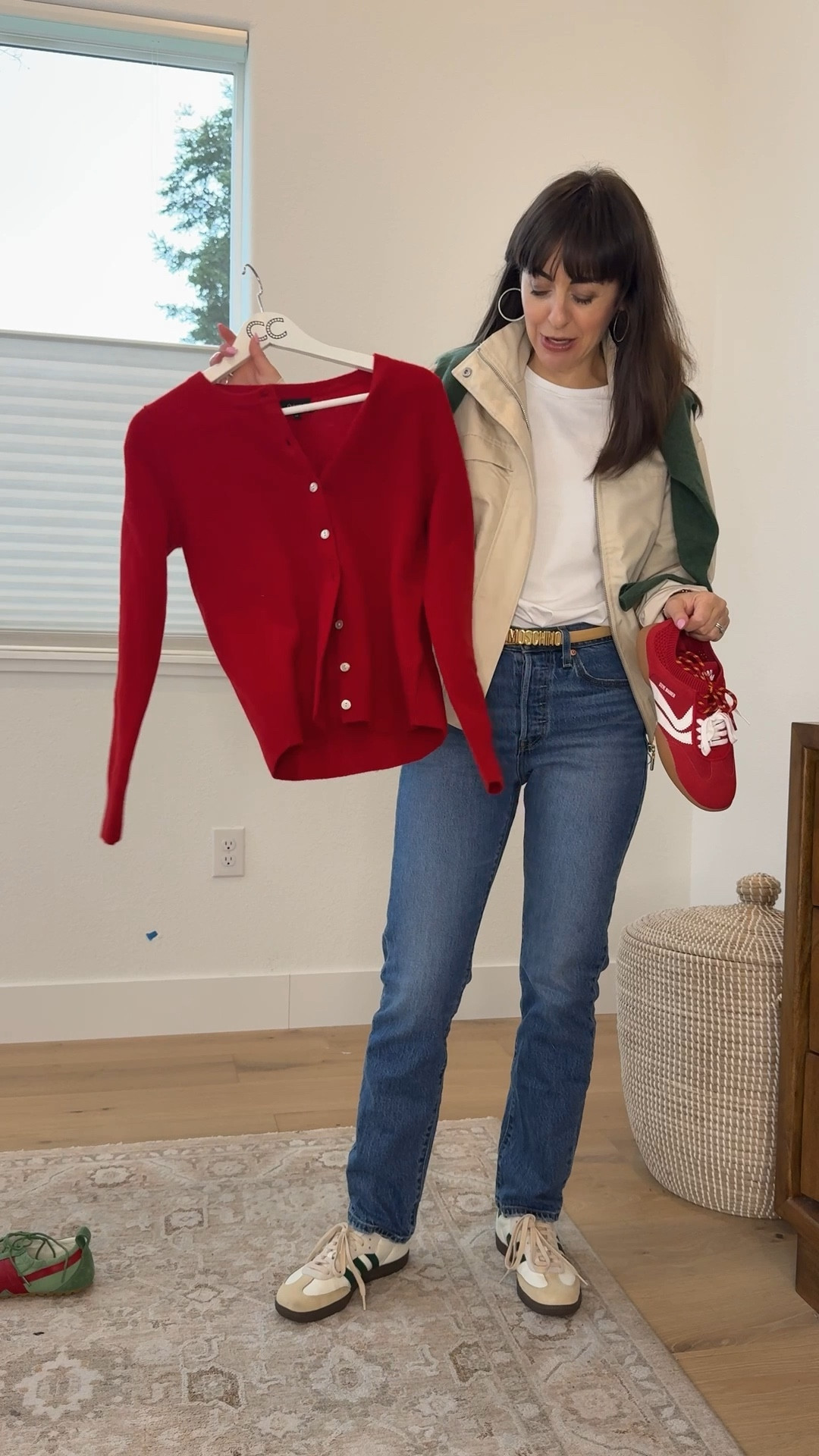 Waiting for the other shoe to drop so I can complete my haute mama look of the day. 

Stylist Tip- ￼ make a matching set with a layering piece and matching shoes in the same color.

Size 1/2 to one full size up in these designer inspired sneakers, the cashmere cardigans run TTS and come in more colors 

My white tee is @Spanx promo code JENNIFERSPANX