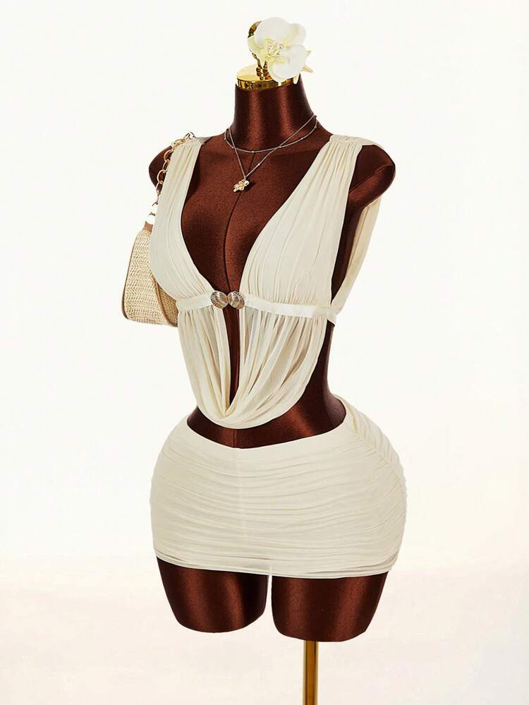 Amplova Women's 2-Piece Set,Deep V-Neck Halter Pleated Camisole And Bodycon Mini Skirt,Cream Whit... | SHEIN