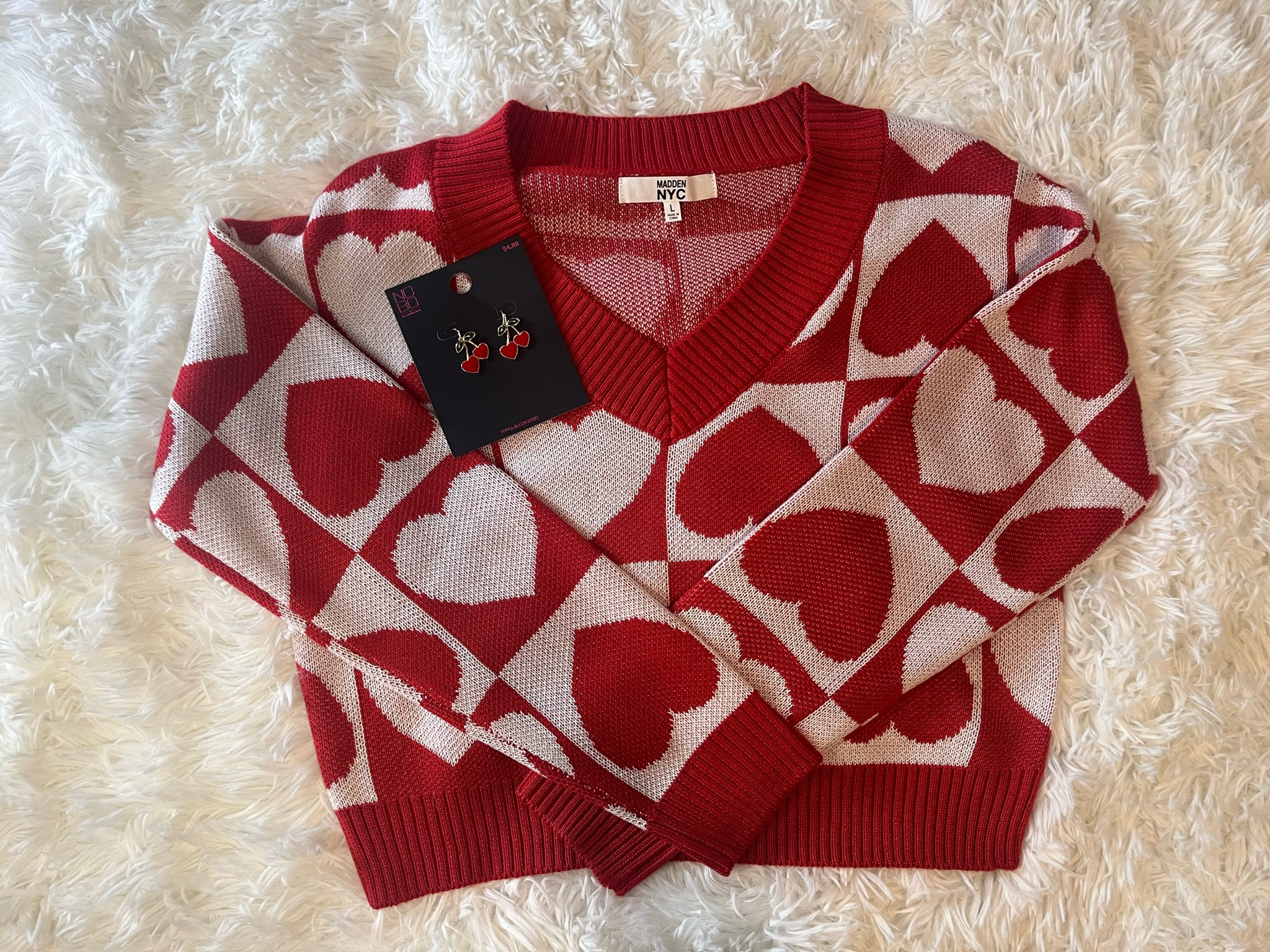 Heart sweater 

Valentine’s Day outfit  red sweater  heart earrings  cherry earrings  accessories  Galentine’s day  

#LTKfindsunder50 #LTKSeasonal #LTKstyletip