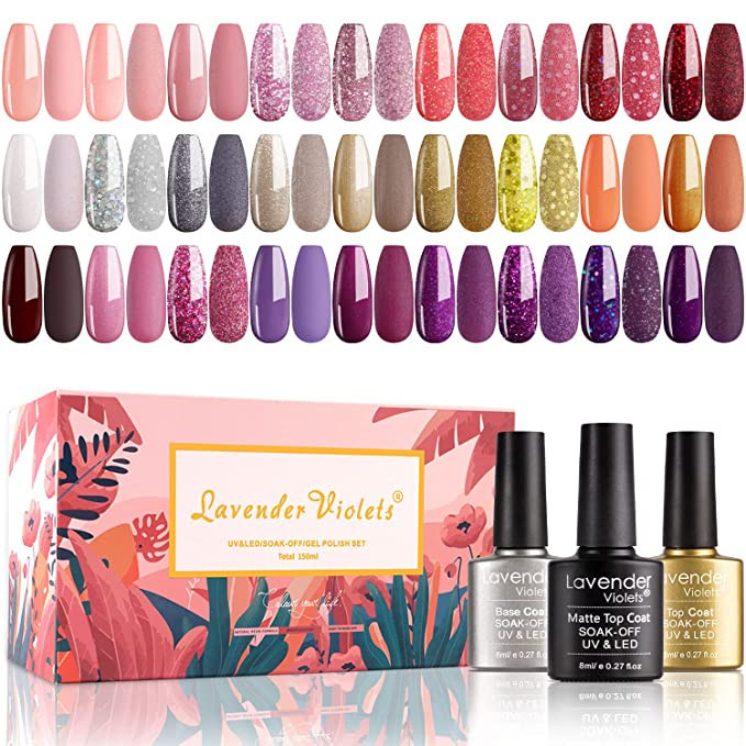 Lavender Violets Gel Nail Polish Kit 27+3 Colors Classic Glitter Gel Shades Red Pink Purple Yello... | Amazon (US)