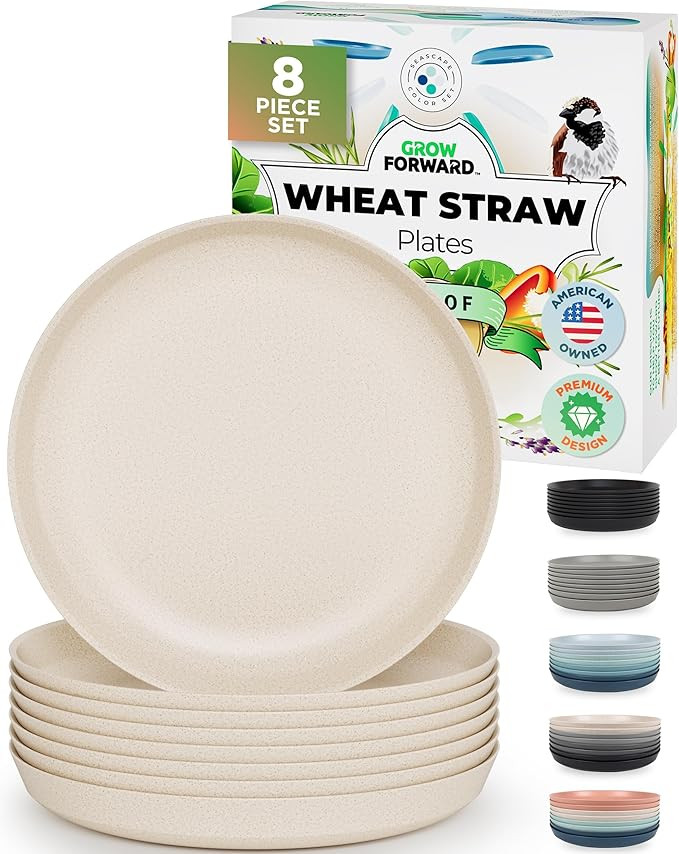Grow Forward Premium Wheat Straw Plates - 10 Inch Reusable Hard Plastic Dinner Plates Set of 8 - ... | Amazon (US)