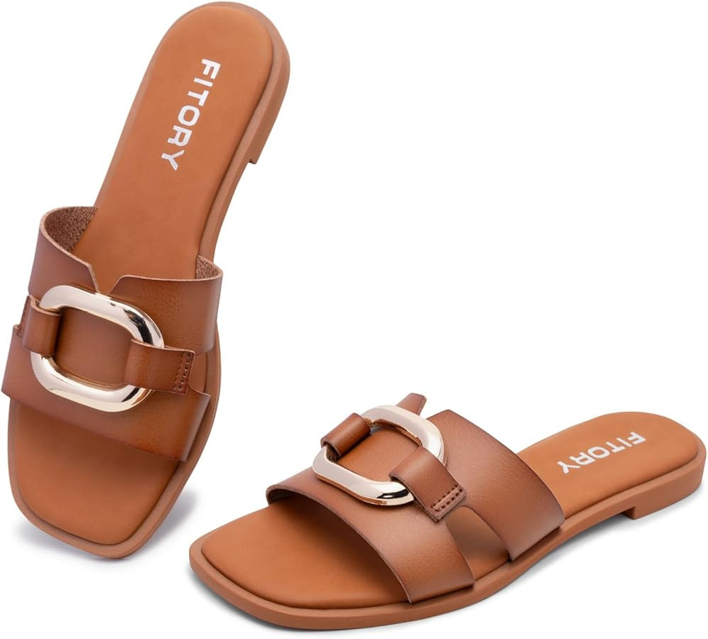 FITORY Women's Flat Sandals Fashion Square Open Toe Slides With Metal Chain Slippers for Summer S... | Amazon (US)