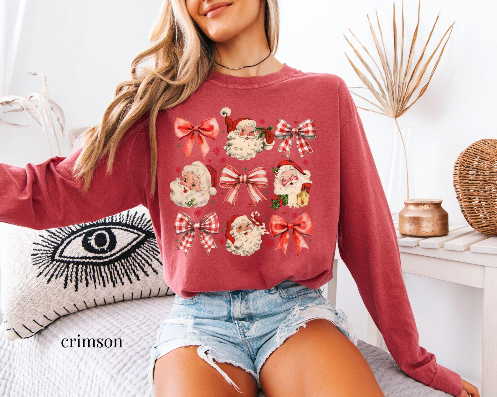 Comfort Colors Christmas Santa Shirt, Cute Long Sleeve Santa Shirt, Women's Holiday Tee, Retro Ho... | Etsy (US)