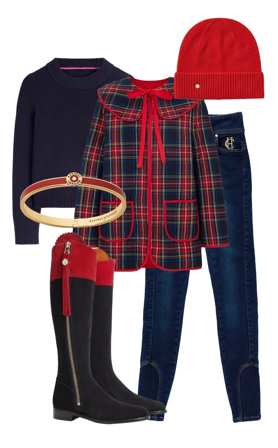 Catch the amazing navy and red Regina Tall Flat Boots by Fairfax & Favor (narrow, regular and sporting fit) with 20% off for a limited time! 
They are the perfect style to partner the Pink City Prints AW25 Tartan Quilted Ribbon-Tie Jacket, the Red Cashmere Hat and Red Enamel Bangle at Aspinal of London & Holland & Cooper jeans 👖 

#LTKfestive #LTKwinter #LTKsale