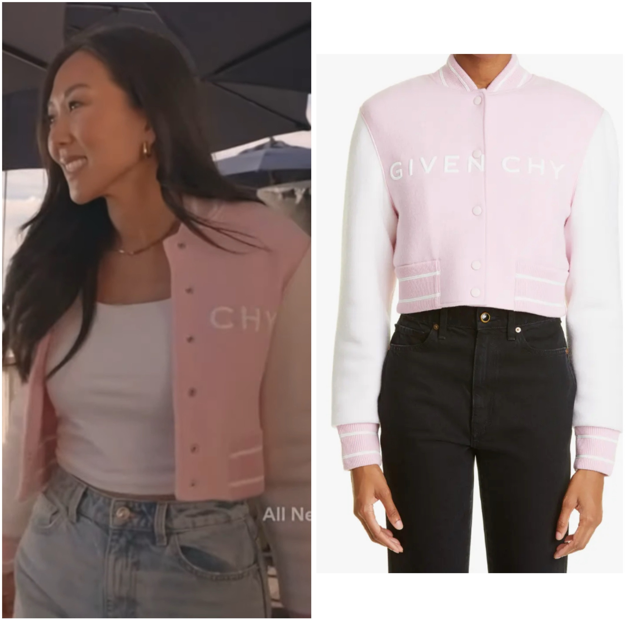 Katie Ginella’s Pink and White Givenchy Varsity Bomber Jacket