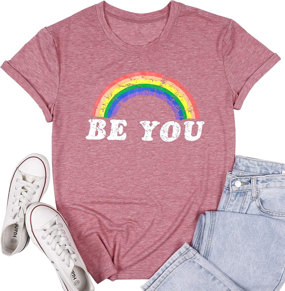 Pride Shirt Women Rainbow Graphic Tees Funny Be You Letter Print T Shirt LGBT Equality Shirts Casual | Amazon (US)