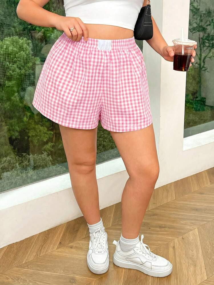 Comfortcana Plus Size Women's Loose Pink Plaid Elastic Waist Shorts | SHEIN