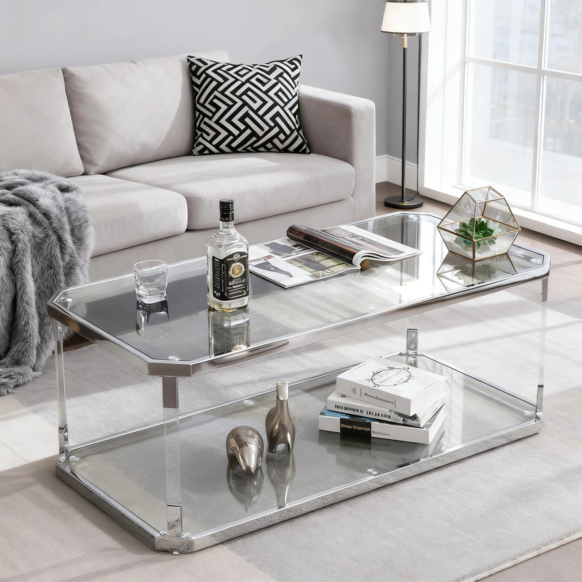 Lennert 44"W Modern Rectangular Glass Coffee Table for Living Room | Wayfair North America