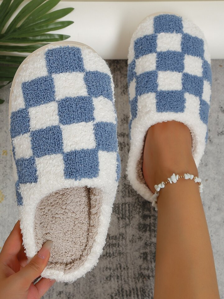 Women's Checkered Pattern Home Slippers, Casual And Comfortable, Fluffy, Round Toe, Flat Heel, Bl... | SHEIN