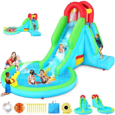 Adam 13'X8.33' Bounce House With Large Pool/Ball Pit, Water Slide With Nozzle, Inflatable Bounce House With Water Cannon Climbing Wall, 322W Blower, F | Wayfair North America