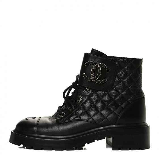 CHANEL

Shiny Goatskin Calfskin Quilted Lace Up Combat Boots 38 Black | Fashionphile