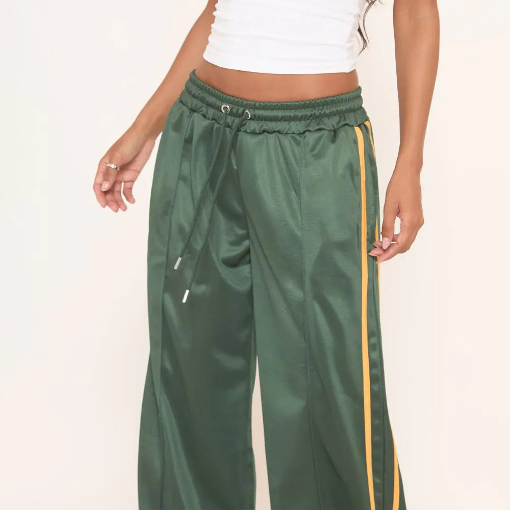 Mid Rise Tie Waist Detail Contrast Side Stripe Joggers In Green | EGO (UK)